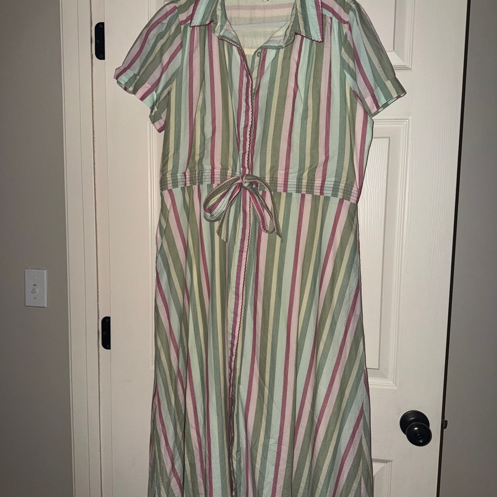 Striped Button-Front Midi Dress with Tie Waist